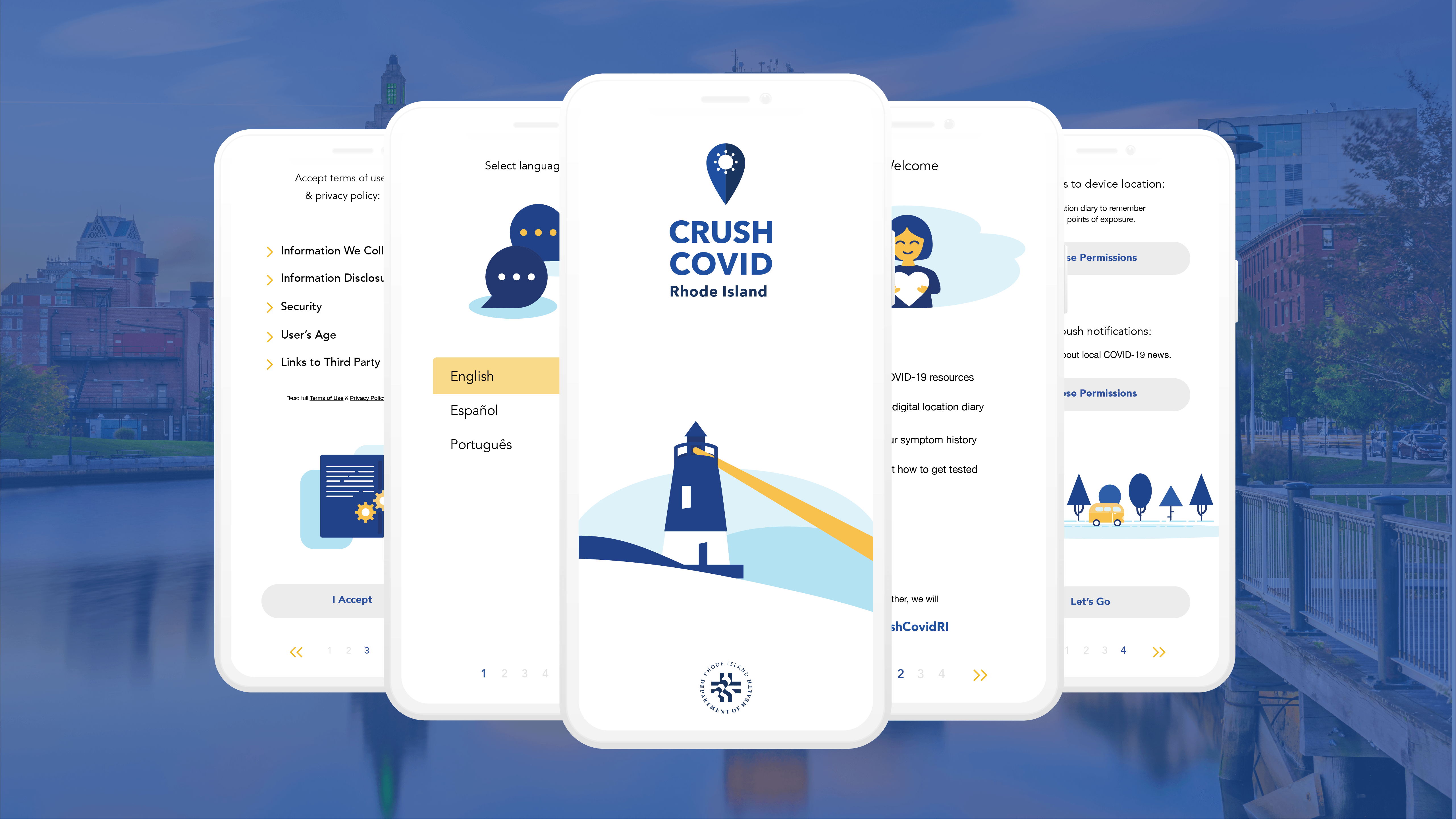 Crush COVID Rhode Island app screens